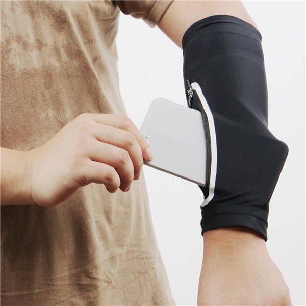 

cycling gloves sports running pouch arm sleeves sun screen protective covers with mobile phone pocket outdoor elastic wrist sleeve, Black