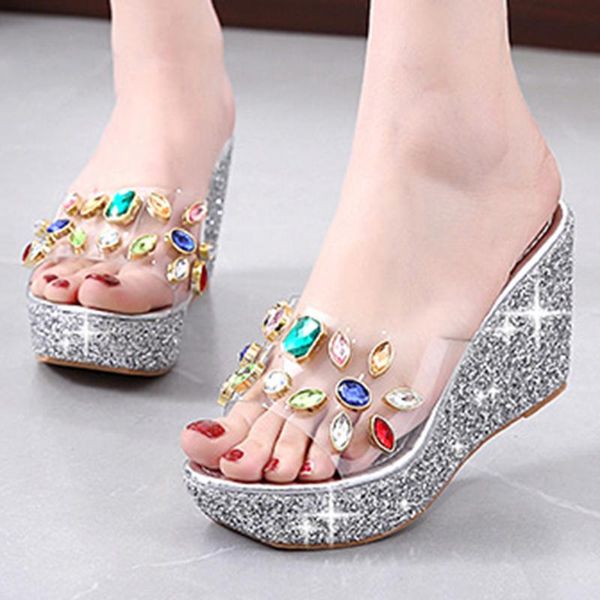 

slippers slipper women 2021 summer fashion platform sequined slope heel shoes rhinestone transparent sandals ll297, Black