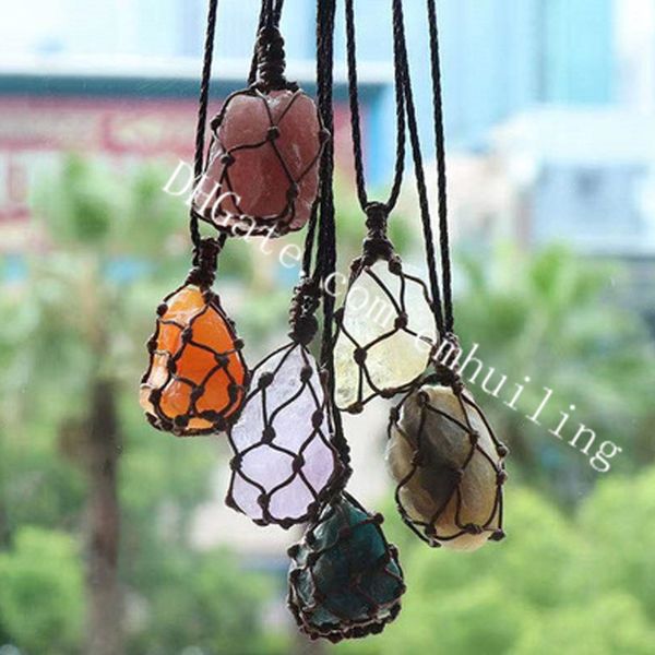 Trançado de malha natural chakra gemstone ajustável colar de mão tecelagem de cera corda envolveu pedra crua irregular de pedra cristal de quartzo para a paz de admiração espiritual