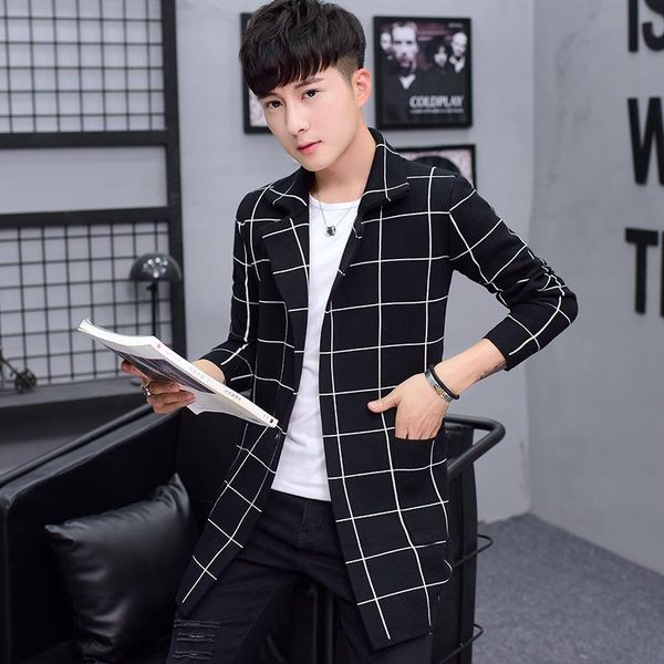 

men's trench coats fashion long sleeve plaid coat black navy blue beige classic knitted fabric men casual size s  l xl xxl xxxl, Tan;black