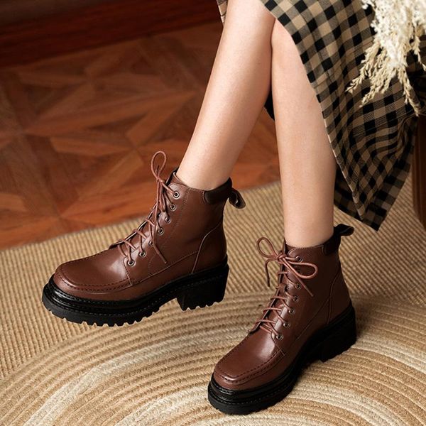 

boots women ankle platform shoes genuine leather thick heel fashion cool party short footwear size 34-40, Black