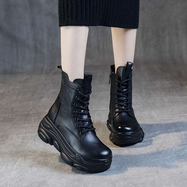 

boots leather thick soled martin short spring and single boots show feet small autumn muffin shoes women's, Black