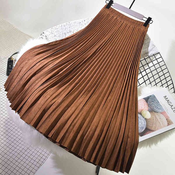 

skirts autumn winter women suede skirt high waist casual vintage pleated female korean skirt elegant long ko31, Black