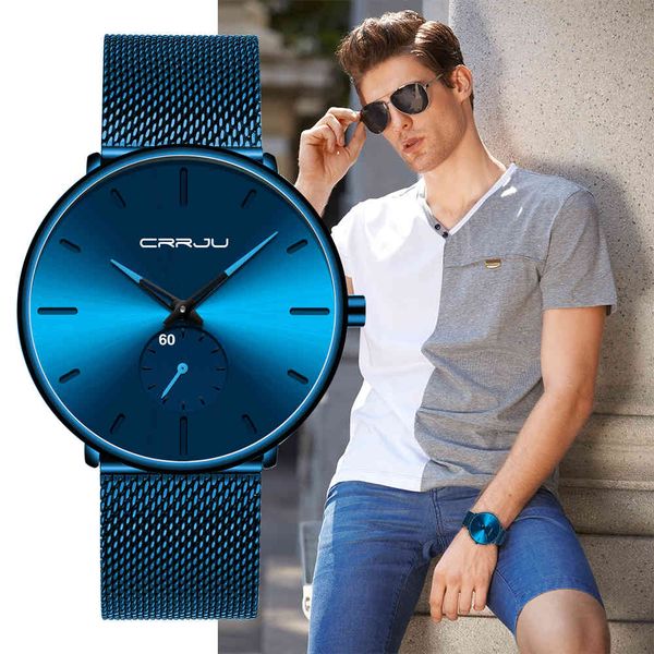 Orologio da uomo CRRJU Marca Semplice Ultra-sottile Moda Minimalista Orologio da polso al quarzo in maglia di acciaio inossidabile Relogio Masculino 210517