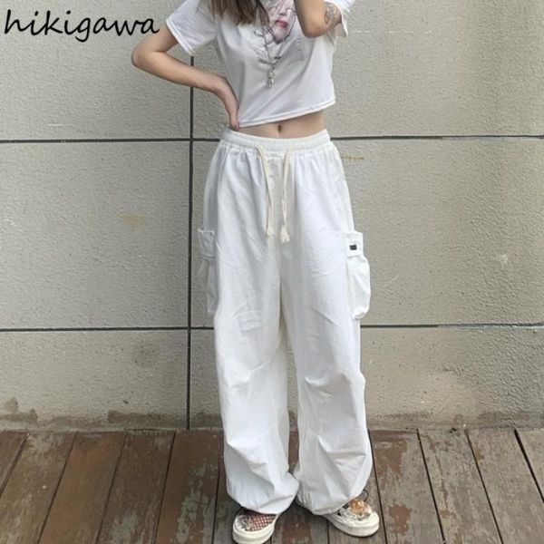 

women's pants & capris hikigawa japanese cargo women vintage pocket drawstring loose sweatpants 2021 fashion casual straight trousers f, Black;white