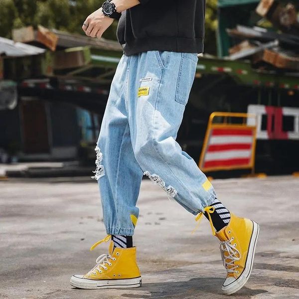 

men's jeans trendy ripped loose baggy pants hiphop tide brand ins wide-leg youth lace pocket beamed cropped trousers blue