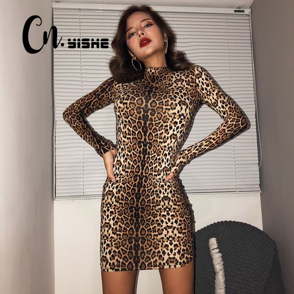 Cnyishe leopardo tigre impressão vestido mulheres moda regular manga longa casual bainha outono sexy mulheres vestidos vestidos vestes 210419