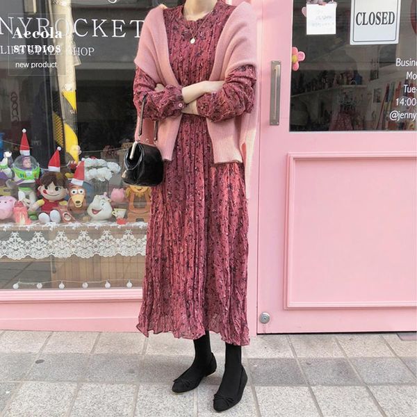 

casual dresses women spring round collar long floral chiffon dress pink sleeve ruffle high waist loose pullover, Black;gray