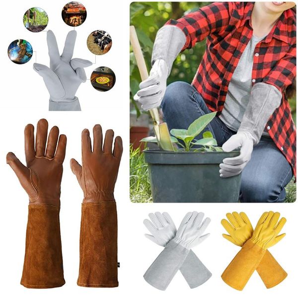 

sports gloves women and men gardening cowhide with elastic craft extra long gauntlet sleeves goatskin leather brown/yellow/white, Black