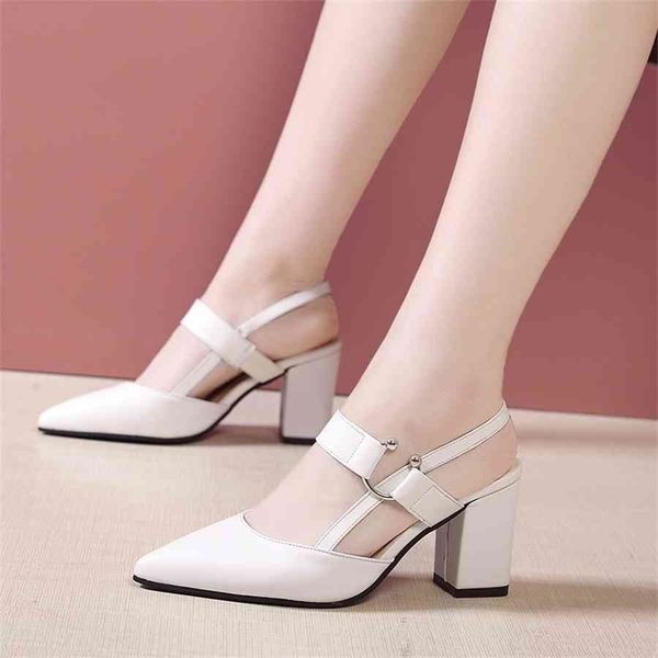 

2020 summer sandals dress party shoes pu leather high heel sandals women's mules ladies pointed toe chunky heel white yellow wenshet, Black