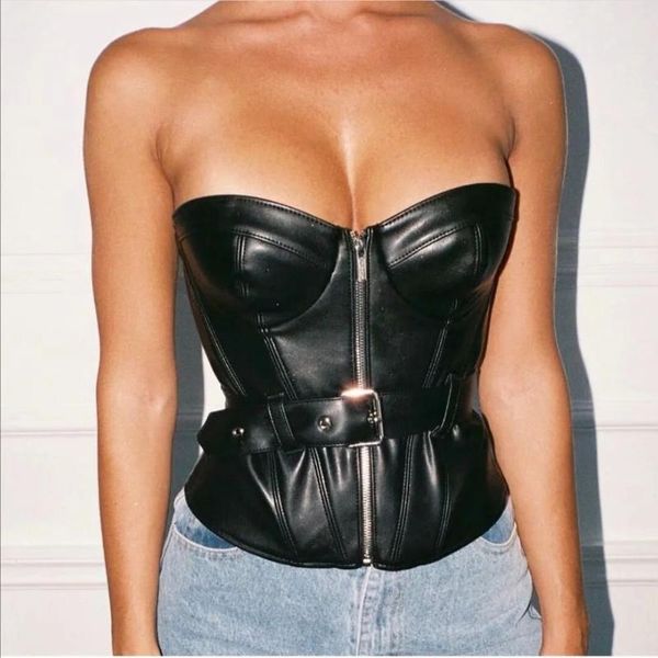 

women's blouses & shirts off shoulder pu blouse women streetwear zipper sleeveless belt summer ladies korean clothing 6bir, White