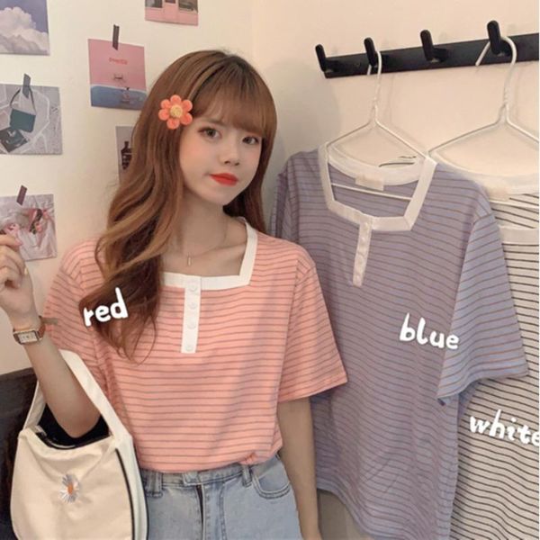 

summer 2021 western style striped short-sleeved t-shirt women loose design sense clothes women's, White