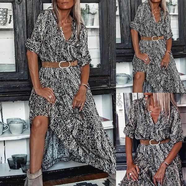 

casual dresses bohemian print irregular dress women fashion streetwear holiday female vintage long sleeve maxi with belt vestidos, Black;gray