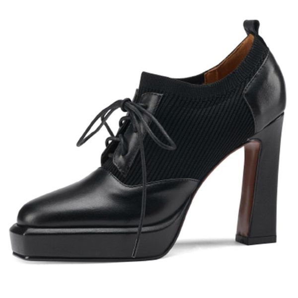 

dress shoes 2021 patchwork high heels platform shoelaces vintage great quality office lady pumps genuine leather woman, Black
