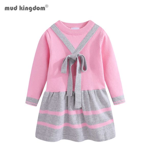 Mudkingdom Pullover-Kleid für kleine Mädchen, Schule, niedliche Streifen-Schleife, Herbstkleidung für 210615