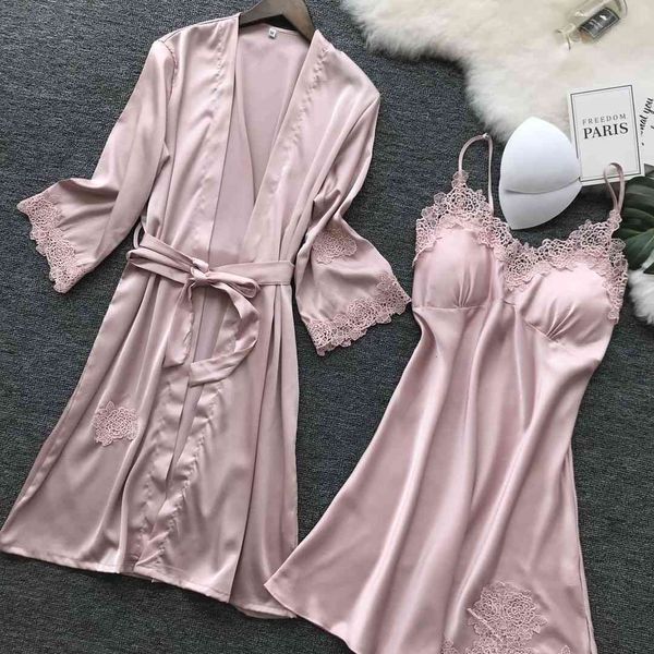 

pyjamas lace women robe set v-neck with chest pad nightdress cardigan nightwear clww, Black;white
