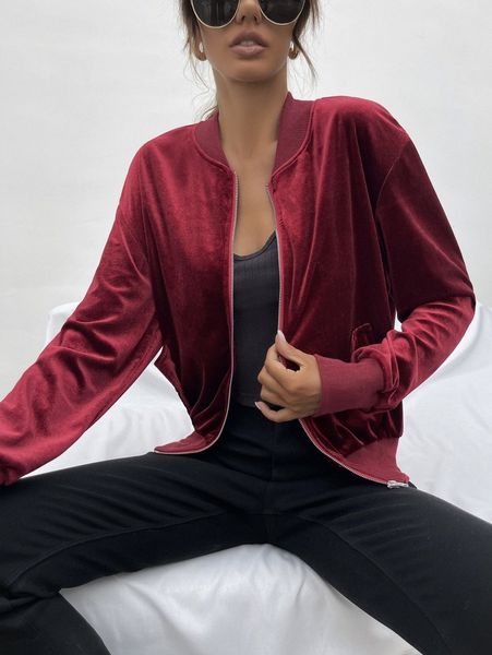 

drop shoulder velvet bomber jacket t1vz#, Black;brown