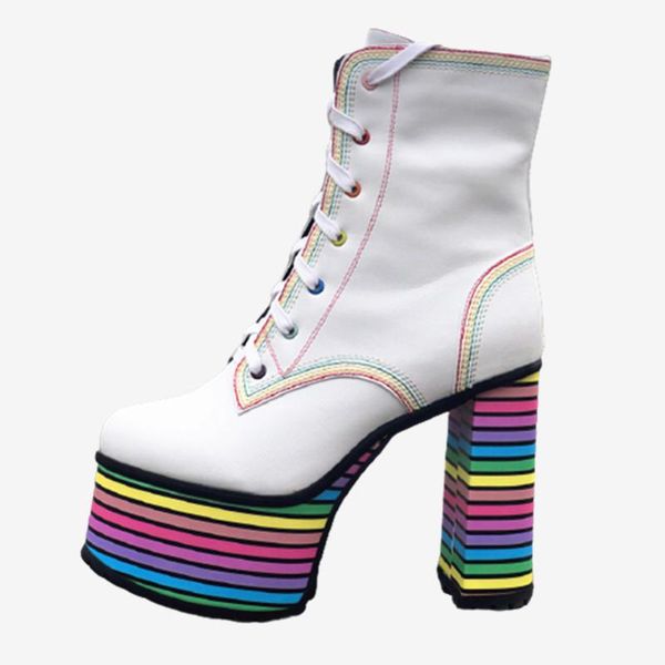 

boots rainbow women ankle high platform heels short nightclub square heel shoes party ladies thick sole lace-up, Black