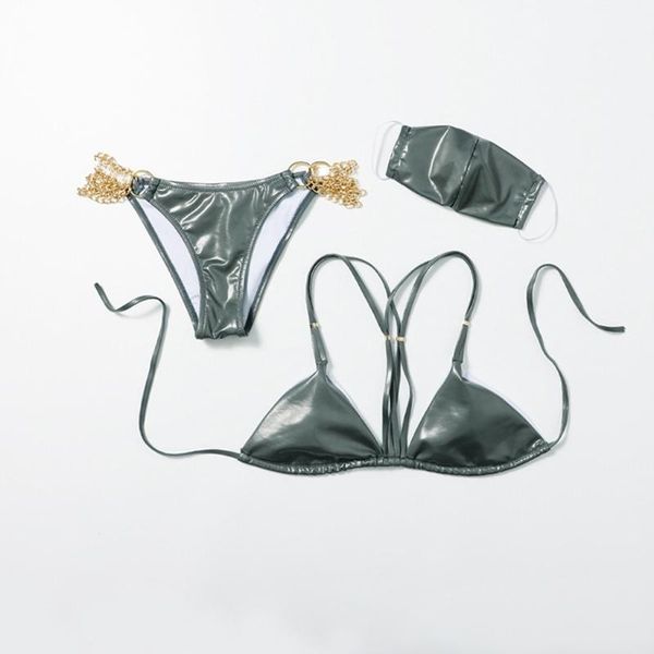 

one-piece suits 40gc women shiny metallic faux leather bikini set with face mask triangle bra swimsuit metal chain bottom bathing suit