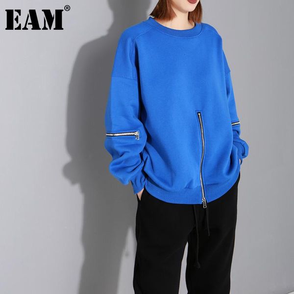 

[eam] loose fit zipper irregular sweatshirt round neck long sleeve women big size fashion tide spring autumn 2021 1dd5154 women's hoodi, Black