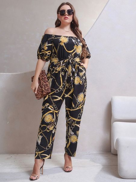 

plus chain print off shoulder lantern sleeve belted jumpsuit c14x#, Black