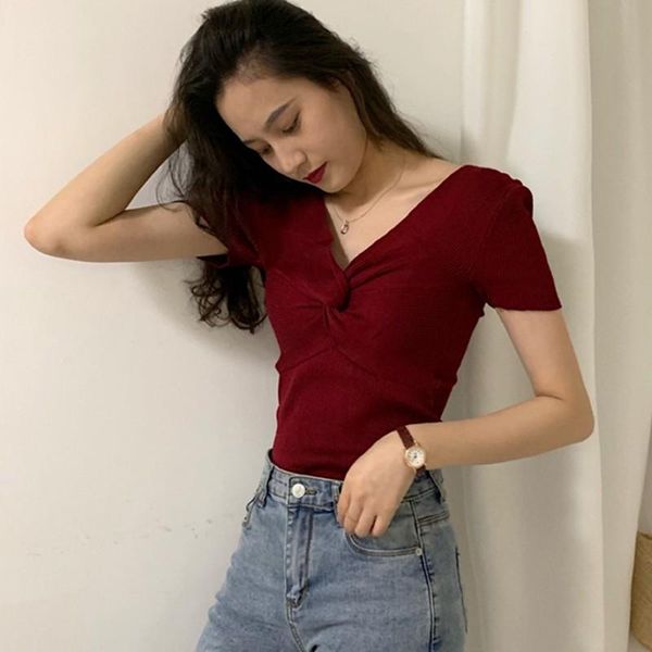 

women's t-shirt chic knotted wrap tee fashion wild v neck solid short sleeve slim knitted t-shirts for women, White