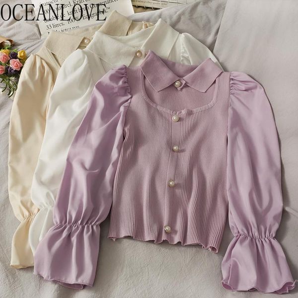 

women's blouses & shirts oceanlove women solid hollow out 2021 spring blusas mujer turn-down collar buttons ins fashion 19984, White