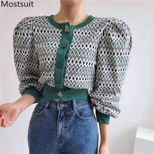 

korean plaid knitted women cardigans sweaters autumn winter puff sleeve single breasted vintage fashion ladies jumpers 210513, White;black