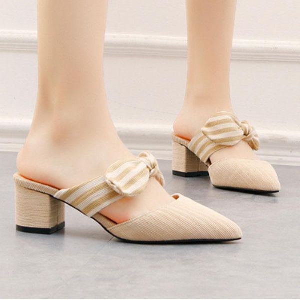 

slippers 2021 chun xia tide is ly produced pointy thick with stripe bowknot cool drag half high heel woman's sole shoe, Black