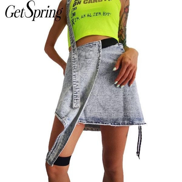 

women skirt elastic belt denim fashion summer jeans s high waisted irregular mini s blue 210430, Black