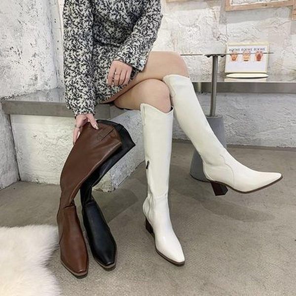 

boots 2021 knee high winter women thick heels square toe solid color ladies shoes, Black