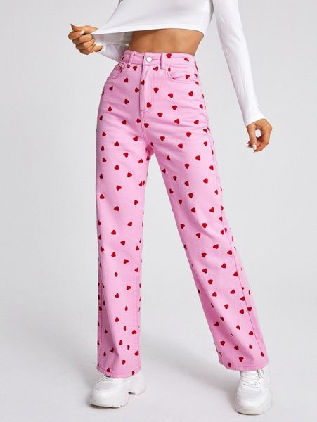 

high waist heart print jeans f7gf#, Blue
