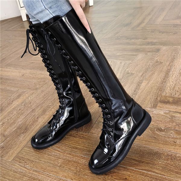 

boot fashionable leather lace women's handcrafted boots with round toe ladies cross-ties shoes, Black
