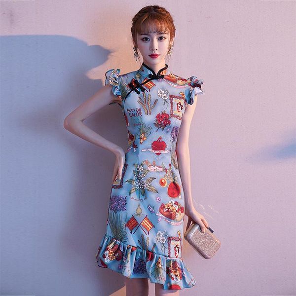 

women sweet ruffles sleeve cheongsam skirt bud evening dresses elegant short satin banquet qipao bridesmaid gown vestidos ethnic clothing, Red