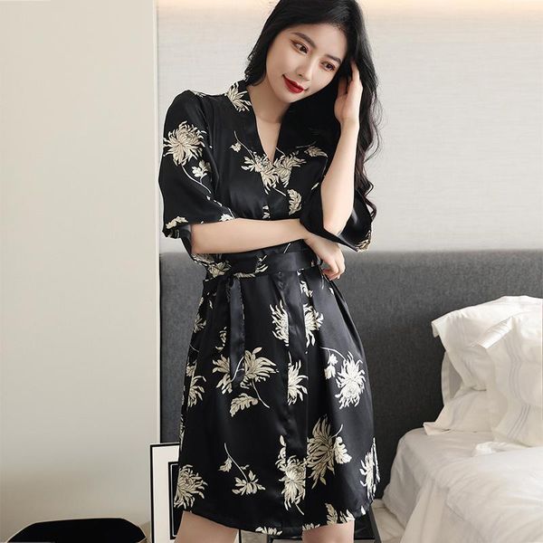 

women's sleepwear women half sleeve kimono bathrobe casual summer print flower single robe intimate lingerie satin home dressing gown, Black;red