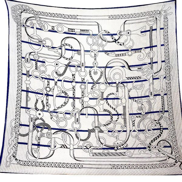 

scarves 130cm luxury hijab shawls bandana silk hand-curled printing large square carriage chain decoration versatile scarf, Blue;gray
