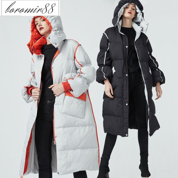 

evafredom 2021 winter fashion loose hooded jacket down women's medium and long, Black