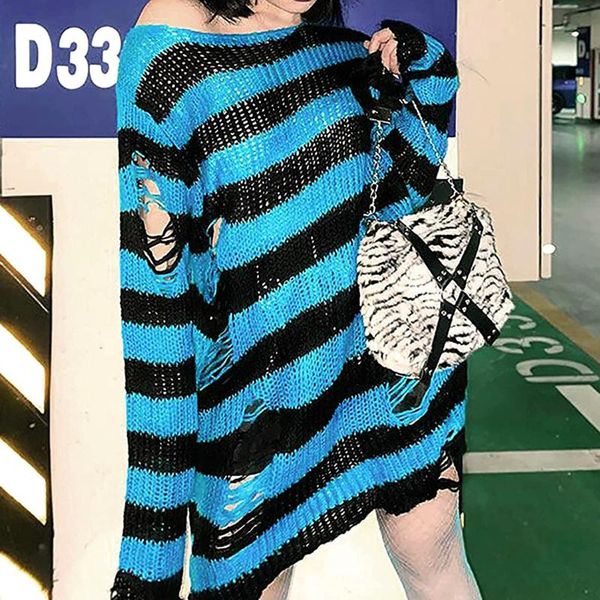 

women's sweaters striped cool plus size punk gothic long sweater women man hollow out hole broken jumper loose rock thin pullovers 4, White;black