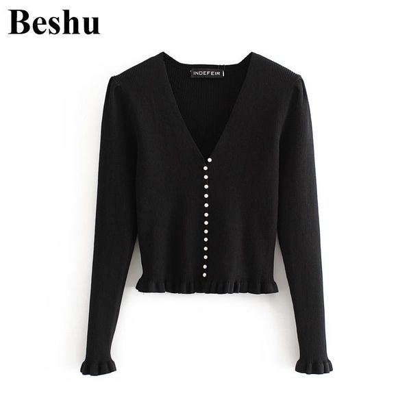 

fashion sweater women black knitted v-neck single-breasted elegant chic female long sleeve mujer women's knits & tees, White