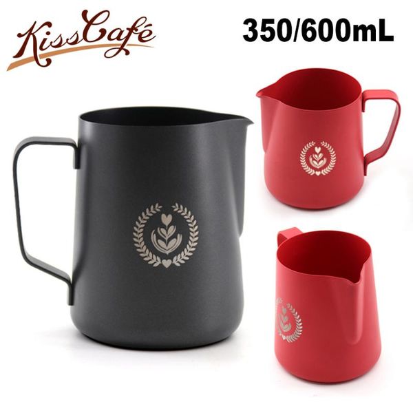 

coffee pots 350/600ml black red stainless steel frothing pitcher pull flower cup cappuccino art jug milk frothers mug tools