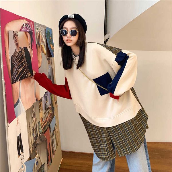 

fashion fleece hoodies 2021 spring break two pieces of design shirt with loose and thin hem contrast plaid baseball, Black