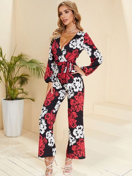 

lantern sleeve self belted flare leg floral print jumpsuit h8fk#, White