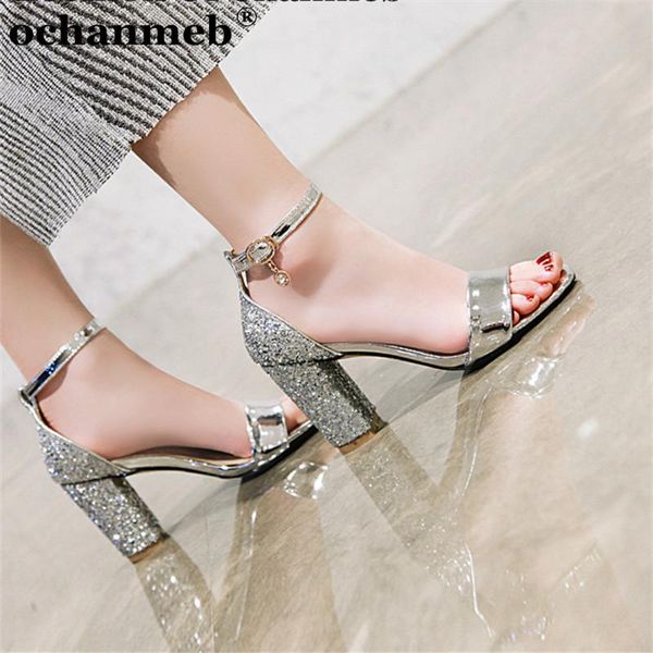 

leather ankle strap sandals women larger size 43-48 open toe glitter silver gold summer shoes sandalia feminina, Black