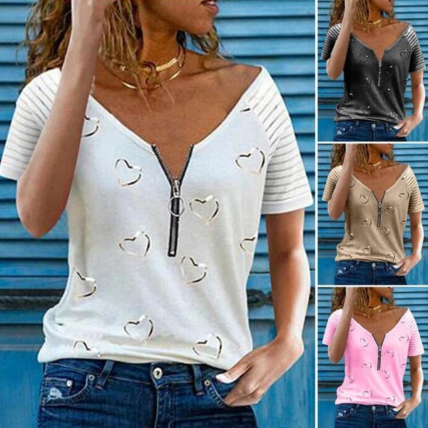 

women's t-shirt fashion women summer heart print t-shirts for streetwear zipper decor v-neck short sleeve casual loose pullovers top, White