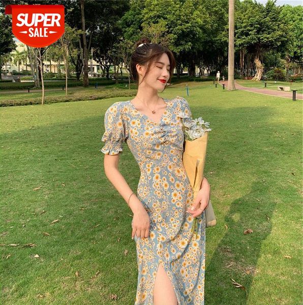 

puff sleeve long dress sweet girl french slit daisy floral #e379, Black;gray