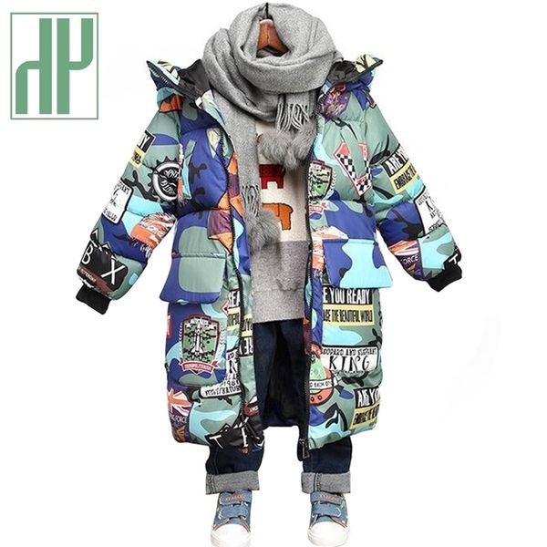 

hh kids winter jacket for girls hooded graffiti camouflage parkas teenagers boys thick long coat clothes 211203, Blue;gray