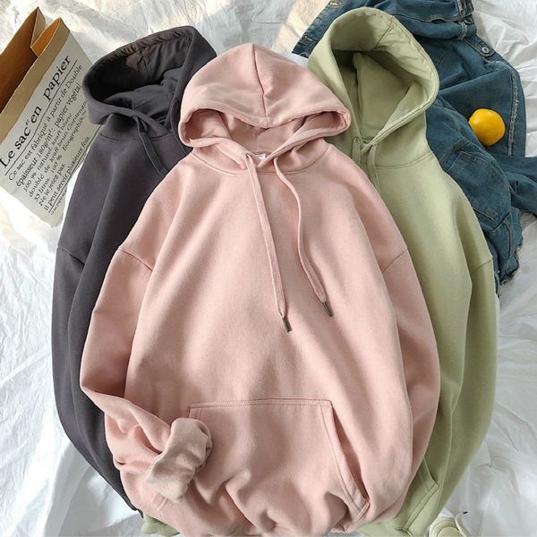 

women autumn solid color hoodies couple long sleeve hooded sweatshirt men spring casual plus size fashion loose pullover, Black
