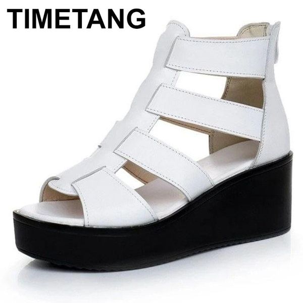 

dress shoes timetang women sandals wedges heels genuine leather peep toe summer fashion female gladiator platform woman, Black