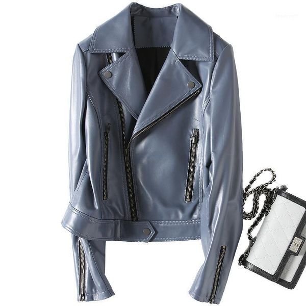 

spring woman sheepskin leather coat short slim motorcycle clothing female genuine jacket fashion women's & faux, Black