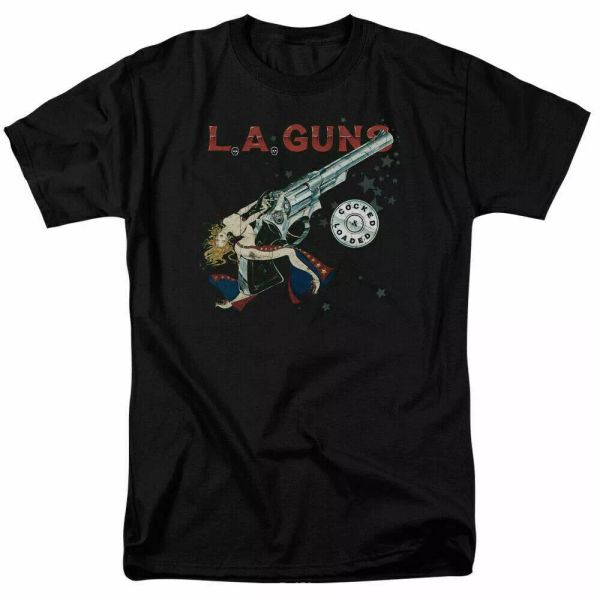 

a. guns cocked and loaded t shirt licensed hard rock n roll band merch black, White;black